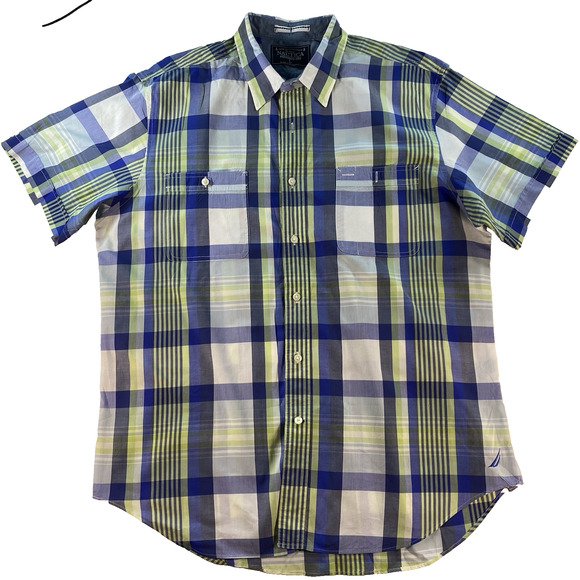 Nautica Plaid Shirt Men's LARGE Blue Green Short Sleeve Cotton - Picture 3 of 9